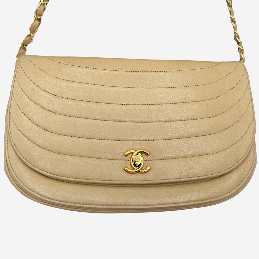 Authentic Vintage Beige Lambskin Chanel Halfmoon w 24k gold plated hardware